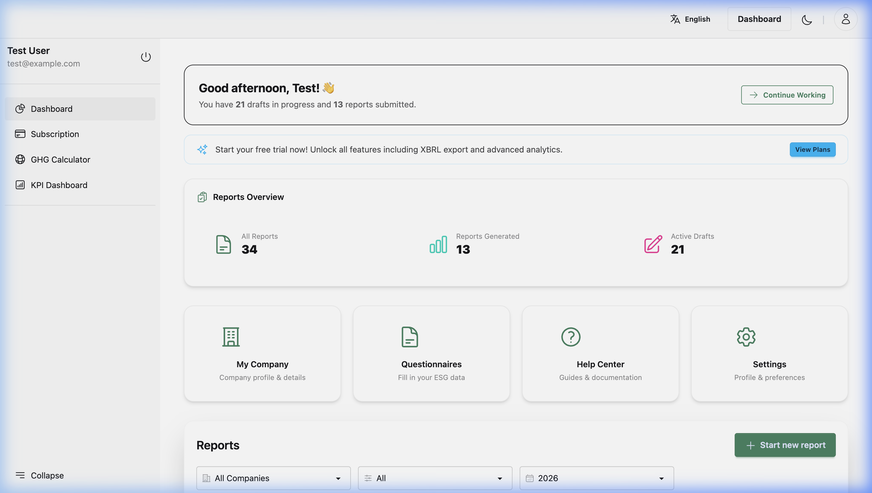 ExecutESG VSME user dashboard showing reports overview and quick access cards