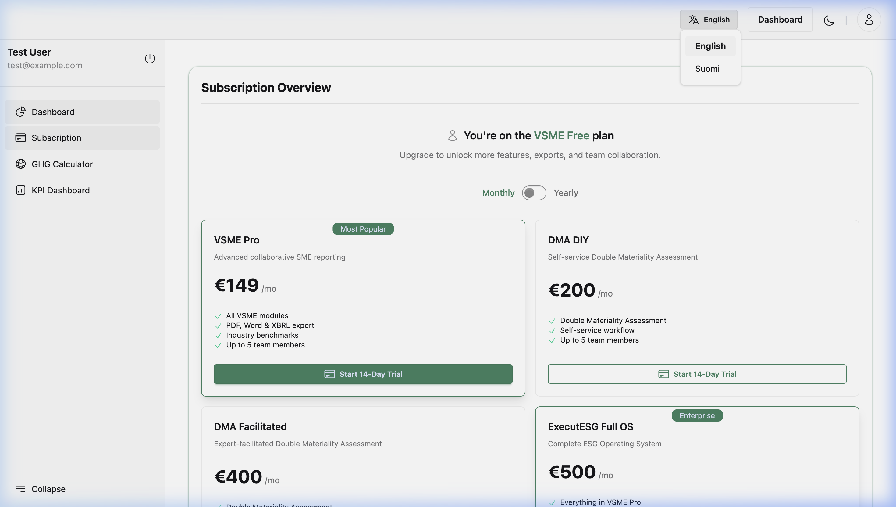 Language switcher showing English and Finnish options