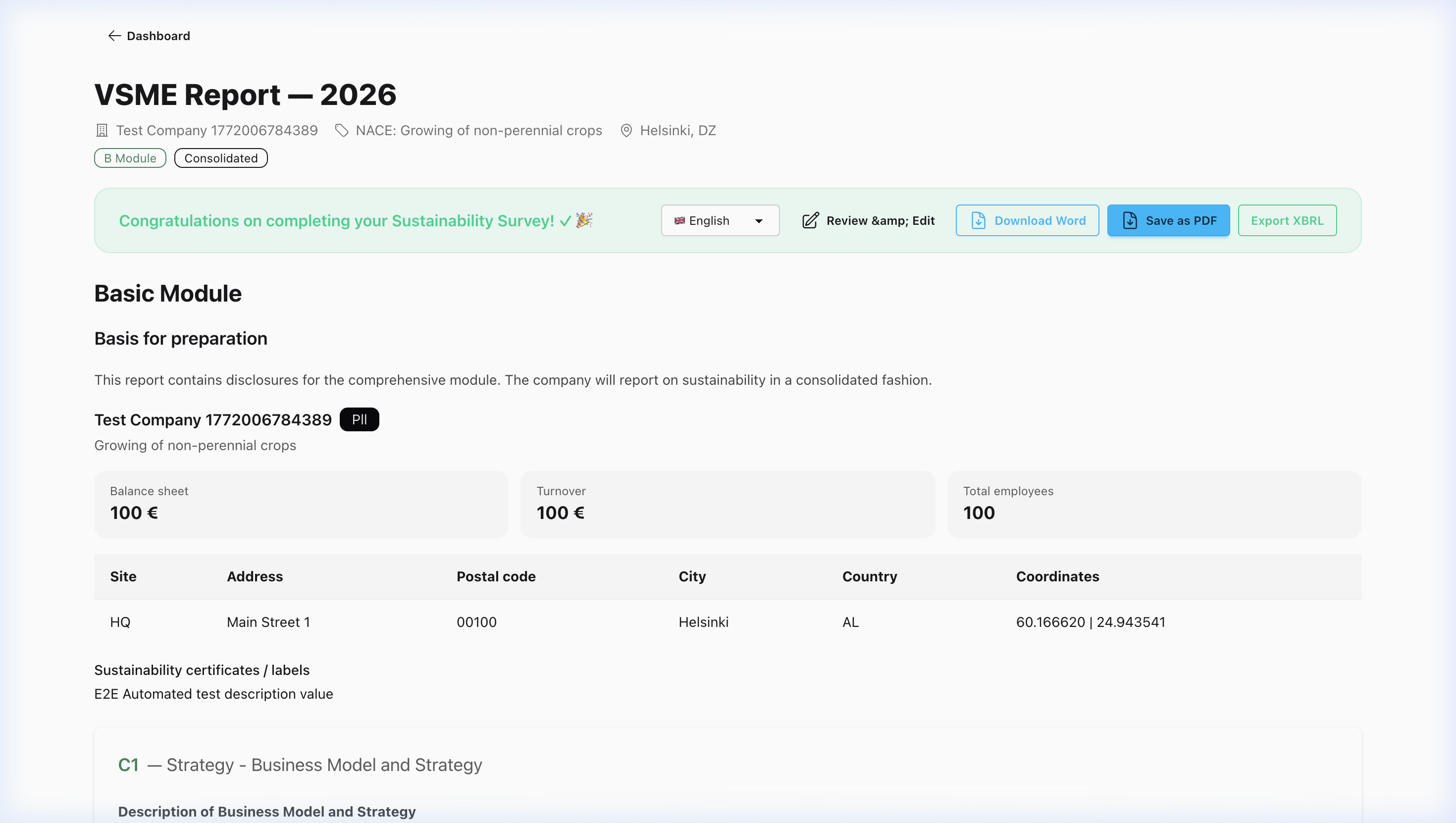 VSME Report viewer with PDF, Word, and XBRL export buttons